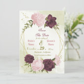 cabernet roze bloemen groene bladeren save the date (Staand voorkant)