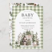 Cabin Bos Groen Geruit Baby Shower Kaart (Voorkant / Achterkant)