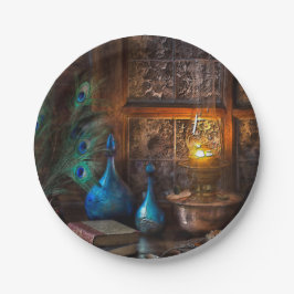 Cabin by lamplight rustieke scène bruin blauw papieren bordje