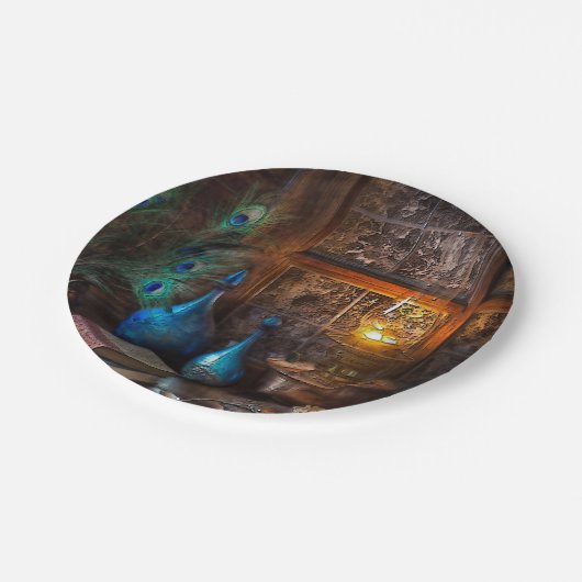 Cabin by lamplight rustieke scène bruin blauw papieren bordje (Gekanteld)