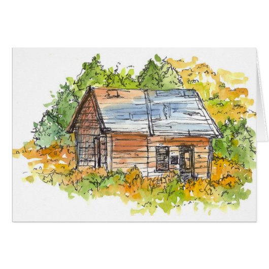 Cabin House Autumn Trees Pen en Ink Sketch (Voorkant Horizontaal)