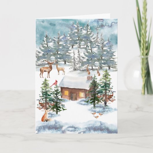 "Cabin in de Sneeuw" Aquarel Kunst Kerstmis Feestdagen Kaart (Voorkant)