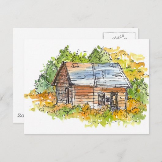 Cabin Ink Pen Schets Waterverf Landschap Briefkaart (Voorkant / Achterkant)