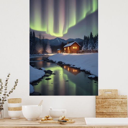 Cabin onder het noorderlicht poster (Keuken)