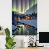 Cabin onder het noorderlicht poster (Thuiskantoor)