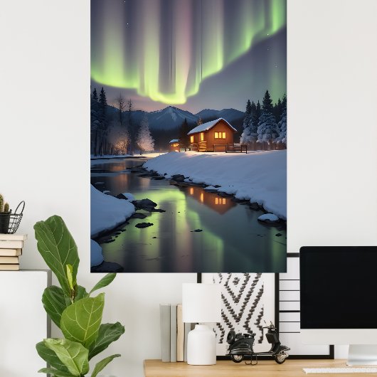 Cabin onder het noorderlicht poster (Thuiskantoor)