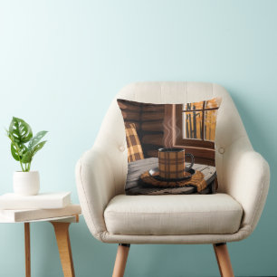 Cabin Plaid Coffee Herfst Bos Rustieke Huis Kunst Kussen
