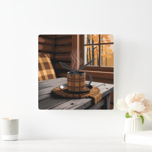 Cabin Plaid Coffee Herfst Bos Rustieke Huis Kunst Vierkante Klok