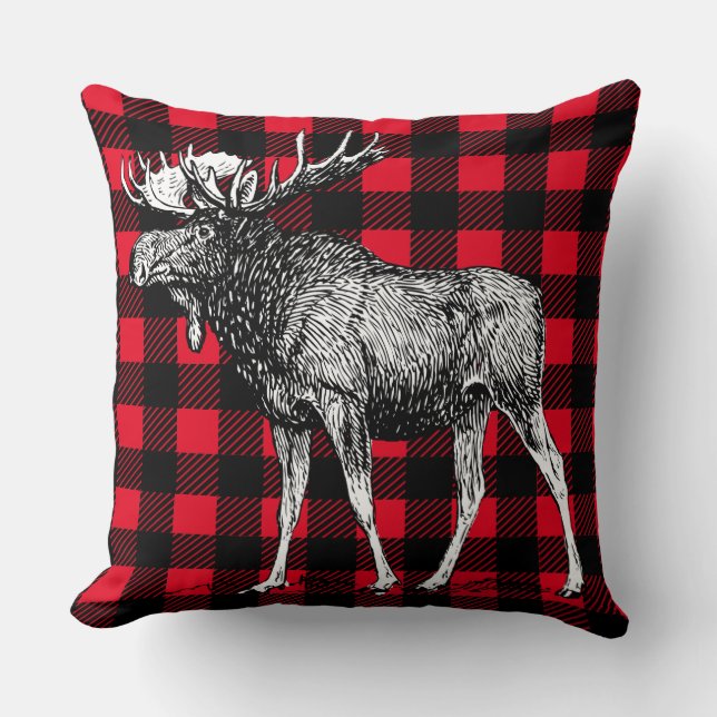Cabin Rustic Moose Red Buffalo Plaid Kussen (Voorkant)