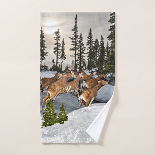 Cabin Stijl Winterbomen Sneeuw en Rende Herten  Handdoek (Handdoek)
