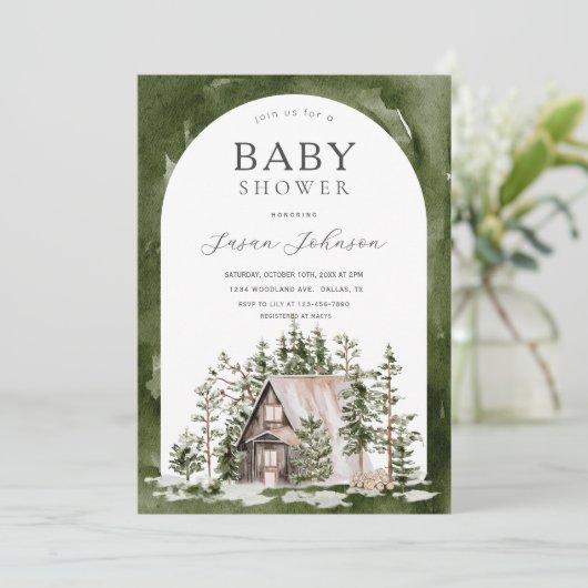 Cabin Theme Forest Woodland Green Baby shower Kaart (Staand voorkant)