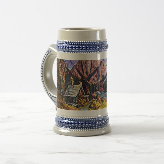 Cabine door het olieverf in het meer bierpul (Voorkant links)