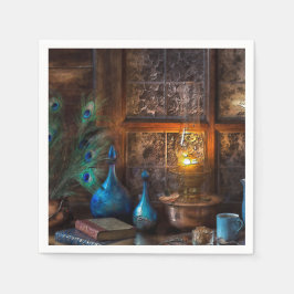 Cabine door lamplicht rustieke scène blauw bruin servet