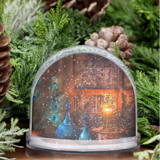 Cabine door lamplicht scène rustieke winter sneeuwbol