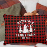 Cabine Familienaam Red Black Buffalo Pset Accent Kussen<br><div class="desc">Creëer een gepersonaliseerde gooi kussen met rustige rode en zwarte buffelvlek en een afbeelding bospijnbomen in de bossen met uw douanetekst in wit (getoond met de NAAM FAMILIE CABIN en jaar vastgestelde datum). Alle tekst kan worden bewerkt. Ideaal voor een huishut, bergachtige of bospal, een meer- of vakantiewoning. BIJSTAND: Neem...</div>