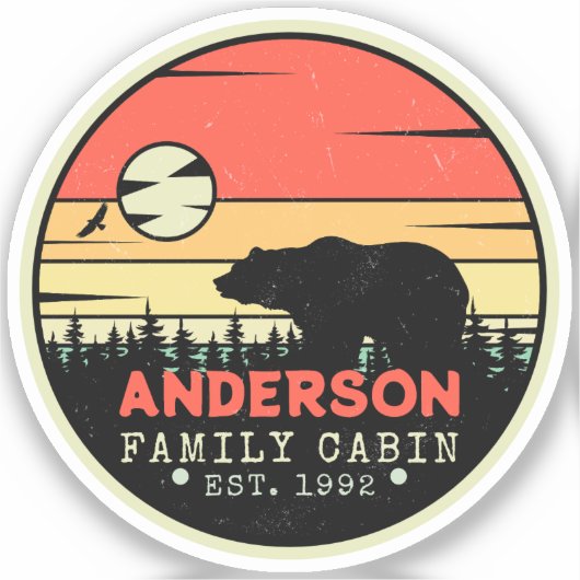 Cabine Familienaam Retro Pijnbomen Beer Souvenir Sticker (Voorkant)