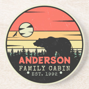 Cabine Familienaam Retro Pijnbomen Beer Souvenir Zandsteen Onderzetter