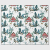 Cabine in bossen met herten- en sneeuwbomen cadeaupapier (Vlak)