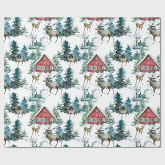 Cabine in bossen met herten- en sneeuwbomen cadeaupapier (Vlak)
