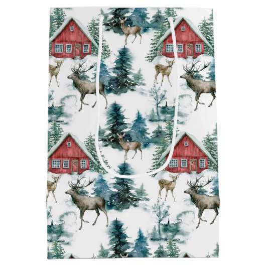 Cabine in bossen met herten- en sneeuwbomen medium cadeauzakje (Achterkant)