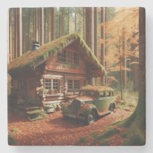 Cabine in de Bossen met een Antiek auto Stenen Onderzetter