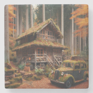 Cabine in de Bossen met een Antiek auto Stenen Onderzetter