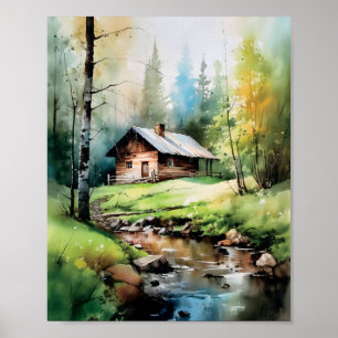 Cabine in de Bossen Springtime-Waterverf Poster
