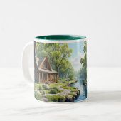 Cabine in de bossen tweekleurige koffiemok (Voorkant links)