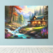 Cabine in de Rocky Mountains Stroom Wildflower Canvas Afdruk (Insitu (Houten vloer))