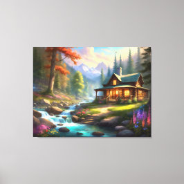 Cabine in de Rocky Mountains Stroom Wildflower Canvas Afdruk