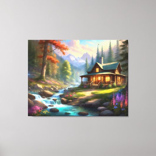 Cabine in de Rocky Mountains Stroom Wildflower Canvas Afdruk (Voorkant)