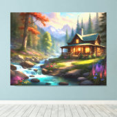 Cabine in de Rocky Mountains Stroom Wildflower Canvas Afdruk (Insitu (Houten vloer))