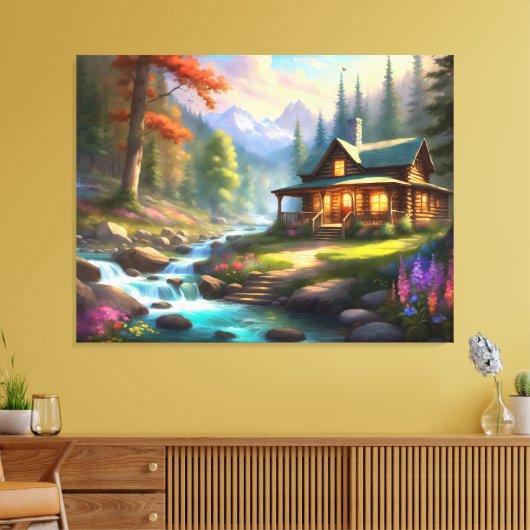 Cabine in de Rocky Mountains Stroom Wildflower Canvas Afdruk (Insitu (Woonkamer))