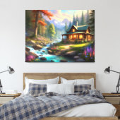 Cabine in de Rocky Mountains Stroom Wildflower Canvas Afdruk (Insitu (Slaapkamer))