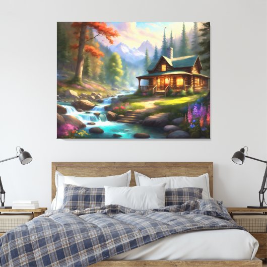 Cabine in de Rocky Mountains Stroom Wildflower Canvas Afdruk (Insitu (Slaapkamer))