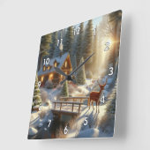 Cabine in de Sneeuw Gevulde Bossen met Herten Vierkante Klok (Hoek)