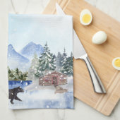 Cabine, Lake, Mountains, Bomen, Beer Winter Scene Theedoek (Quarter Fold)