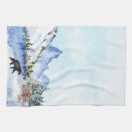 Cabine, Lake, Mountains, Bomen, Beer Winter Scene Theedoek