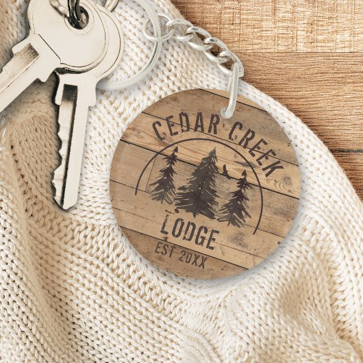 Cabine rustieke hout bos bomen gepersonaliseerd sleutelhanger