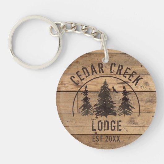 Cabine rustieke hout bos bomen gepersonaliseerd sleutelhanger (Voorkant)