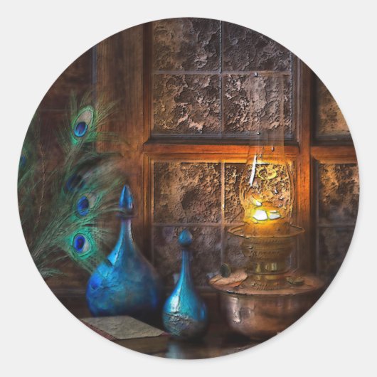 Cabine rustieke lamplicht scène bruin blauw crème ronde sticker (Voorkant)