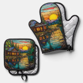 Cabine, Vakantiehuis Lake House Ovenwant & Pannenlap Set (Voorkant / Achterkant)