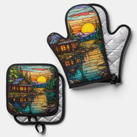 Cabine, Vakantiehuis Lake House Ovenwant & Pannenlap Set (Voorkant / Achterkant)