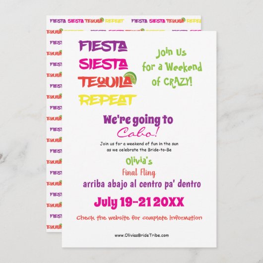 Cabo Bachelorette: Fiesta, Siesta, Tequila, Repeat Kaart (Voorkant / Achterkant)