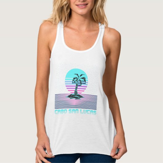 Cabo San Lucas 80s Palmboom Zonsondergang Tanktop (Voorkant)
