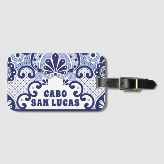 Cabo San Lucas Blue en White Mexican Talavera Tege Bagagelabel (Voorkant (horizontaal))