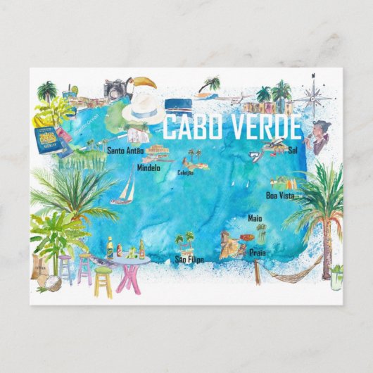 Cabo Verde Illustrated Island Travel Map Briefkaart (Voorkant)