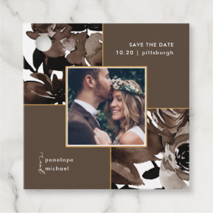 Cacao Brown Floral Foto Bewaar de datum Bedankjes Labels