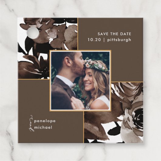 Cacao Brown Floral Foto Bewaar de datum Bedankjes Labels (Voorkant)