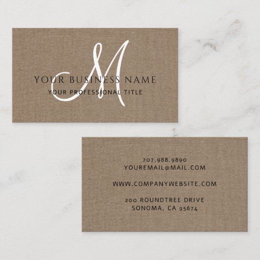 Cacao bruin linnen eenvoudig minimaal monogram visitekaartje (Voorkant / Achterkant)